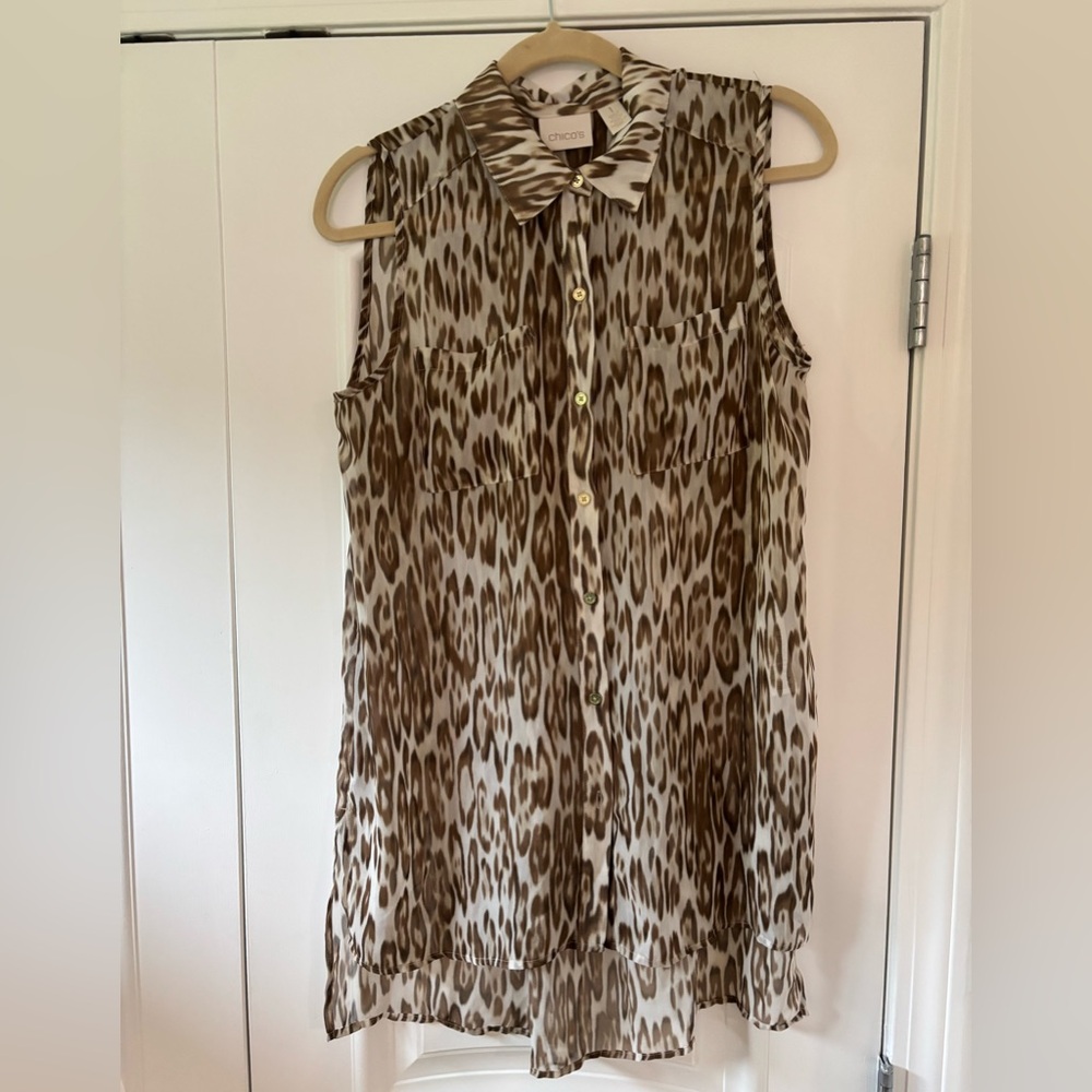 Chico’s Leopard Print Sleeveless Button-Down Tunic Sheer Chico’s SZ 1 (M/8)